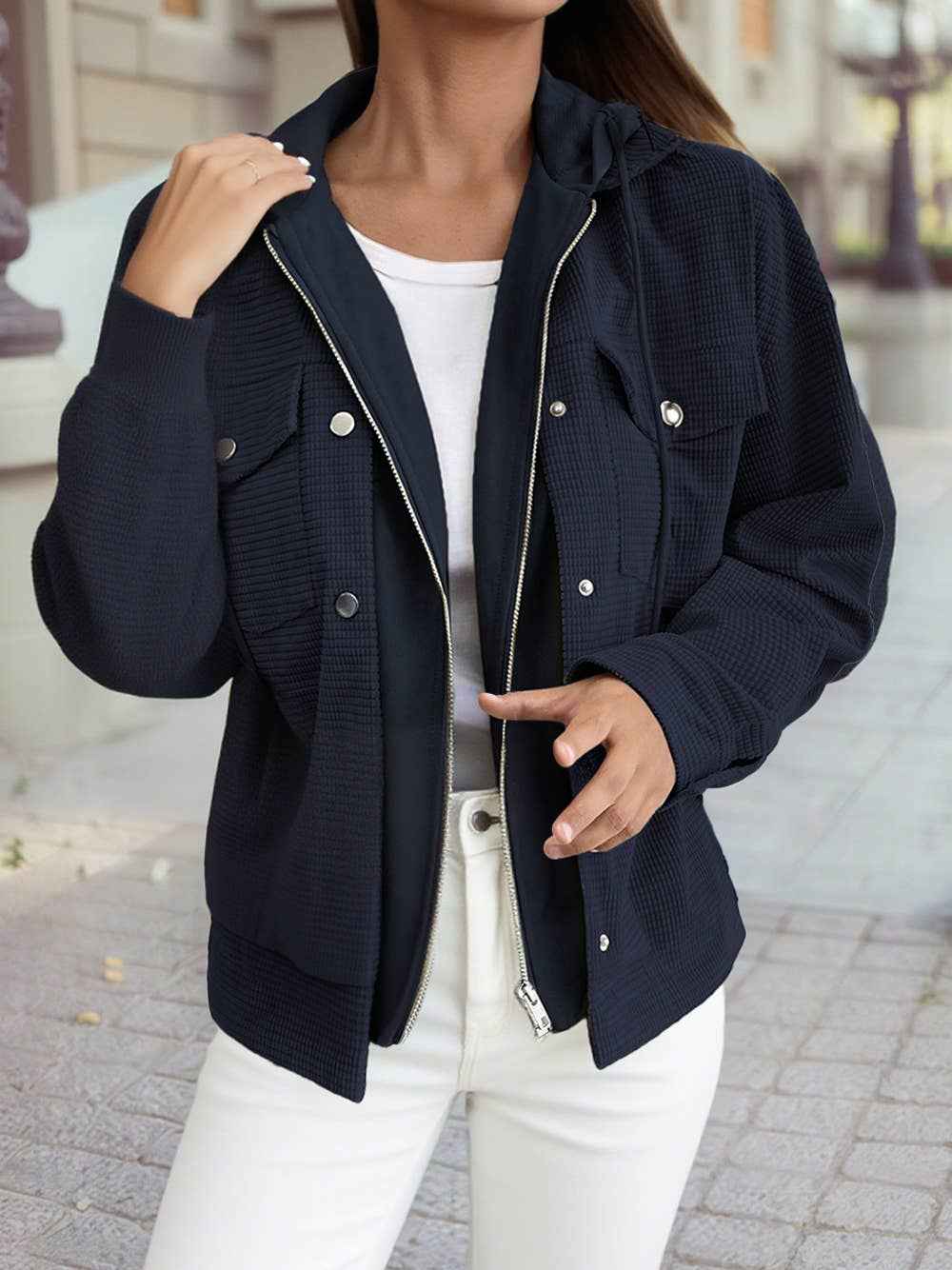 1 the Woman - Solid Color Contrast Textured Patchwork Flap Pocket Shacket