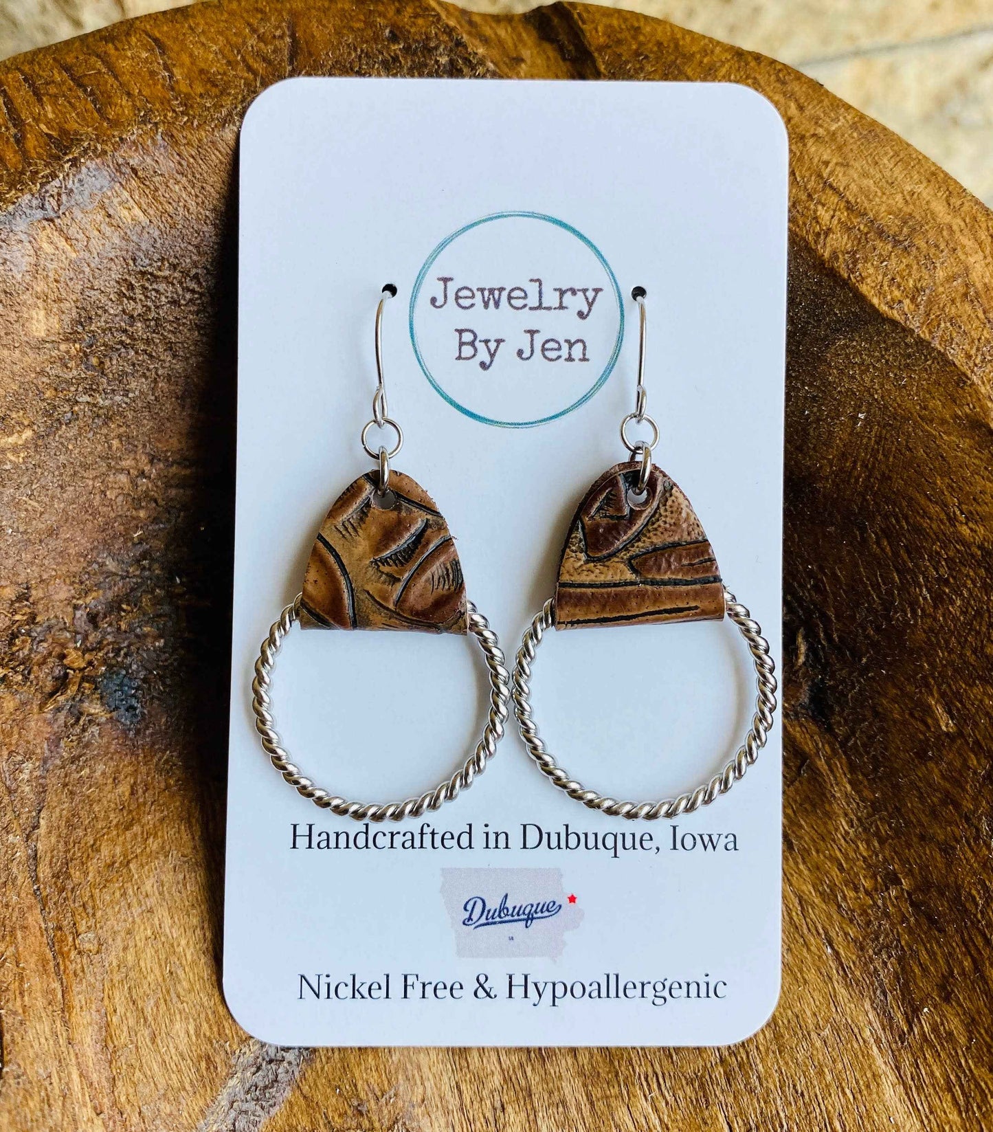 Jewelry By Jen - Twisted Hoop Earrings: Tooled Brown