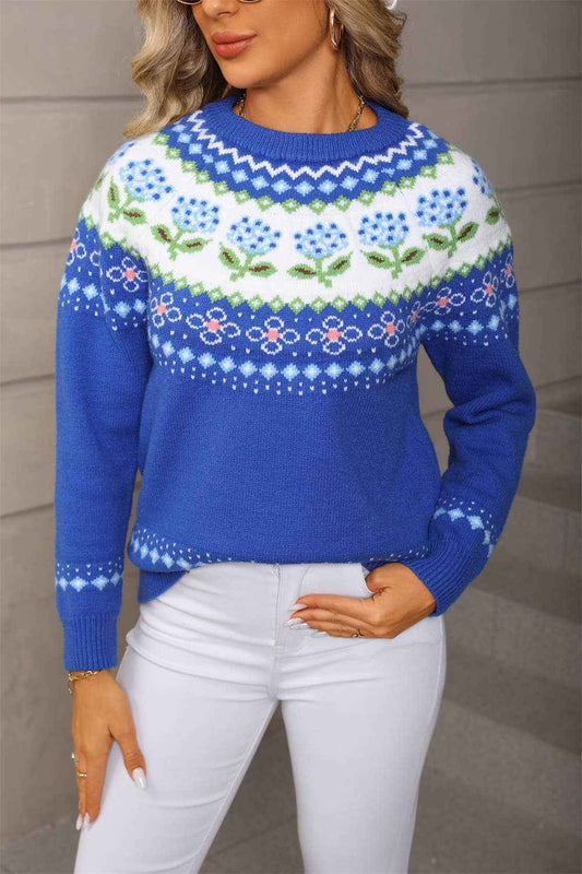 Anna Kaci Wholesale - Floral Fair Isle Knit Sweater with Crew Neck