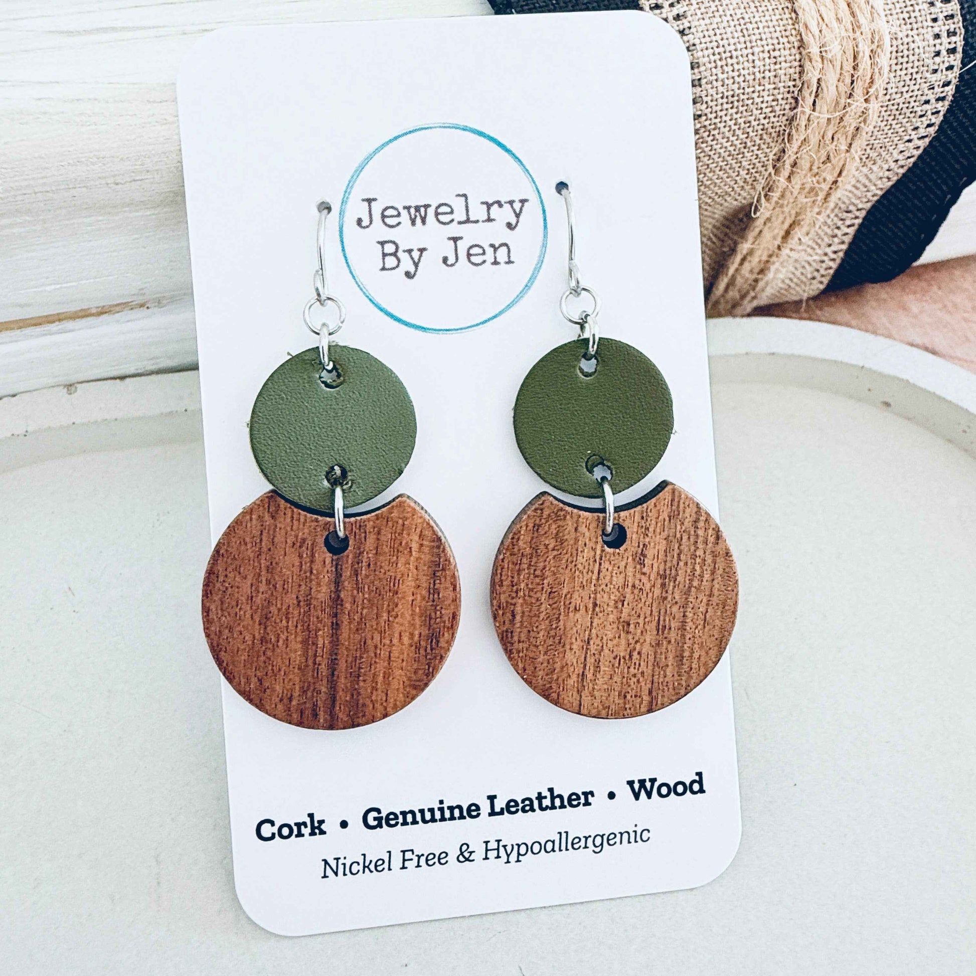 Jewelry By Jen - Round Wood & Army Green Earrings