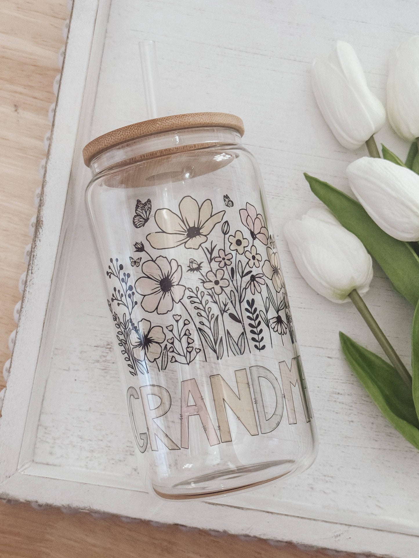 Grandma Floral 16oz Glass Cup with Bamboo Lid
