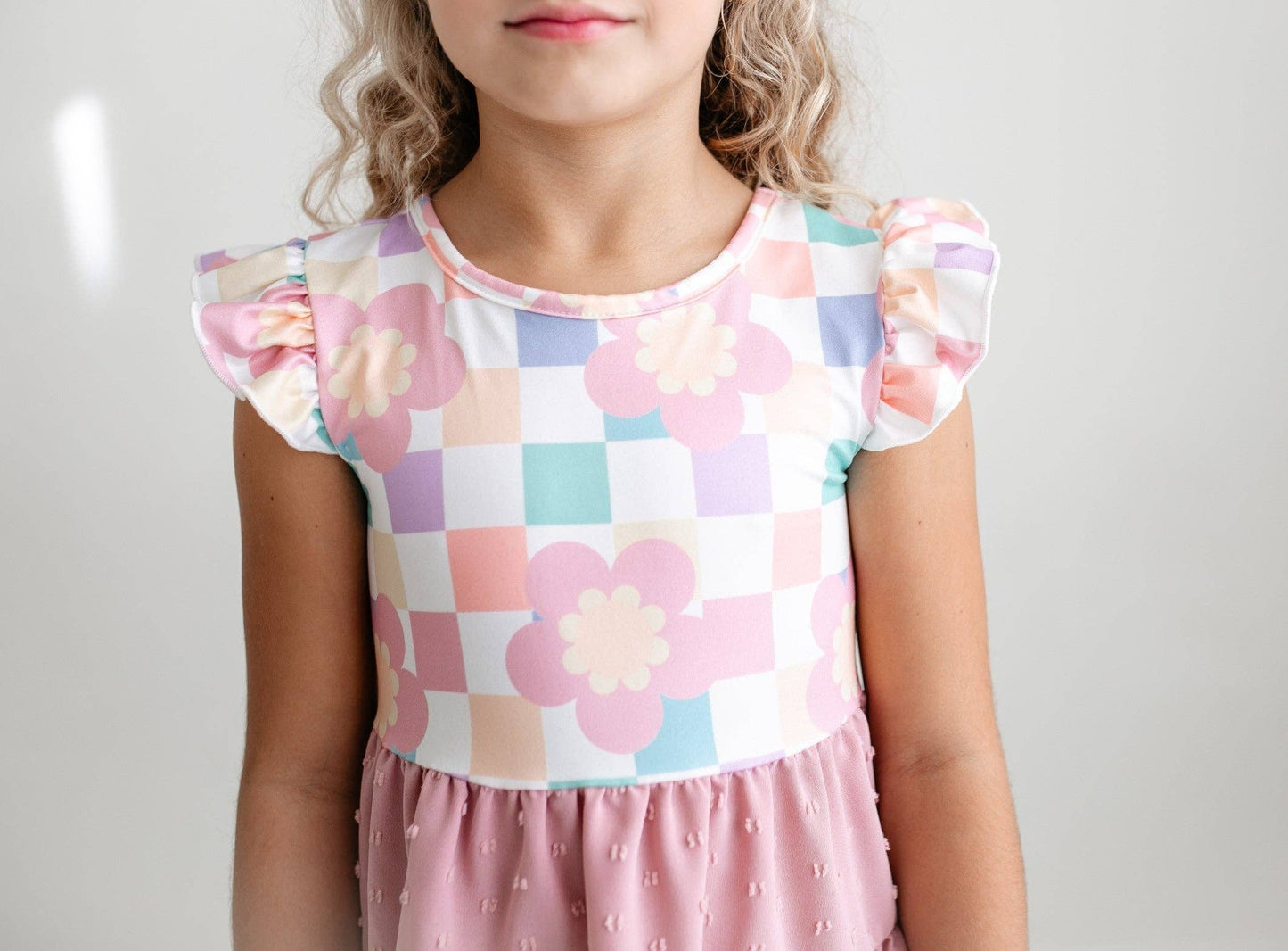 Girls Pink Check Swiss Dot Dress