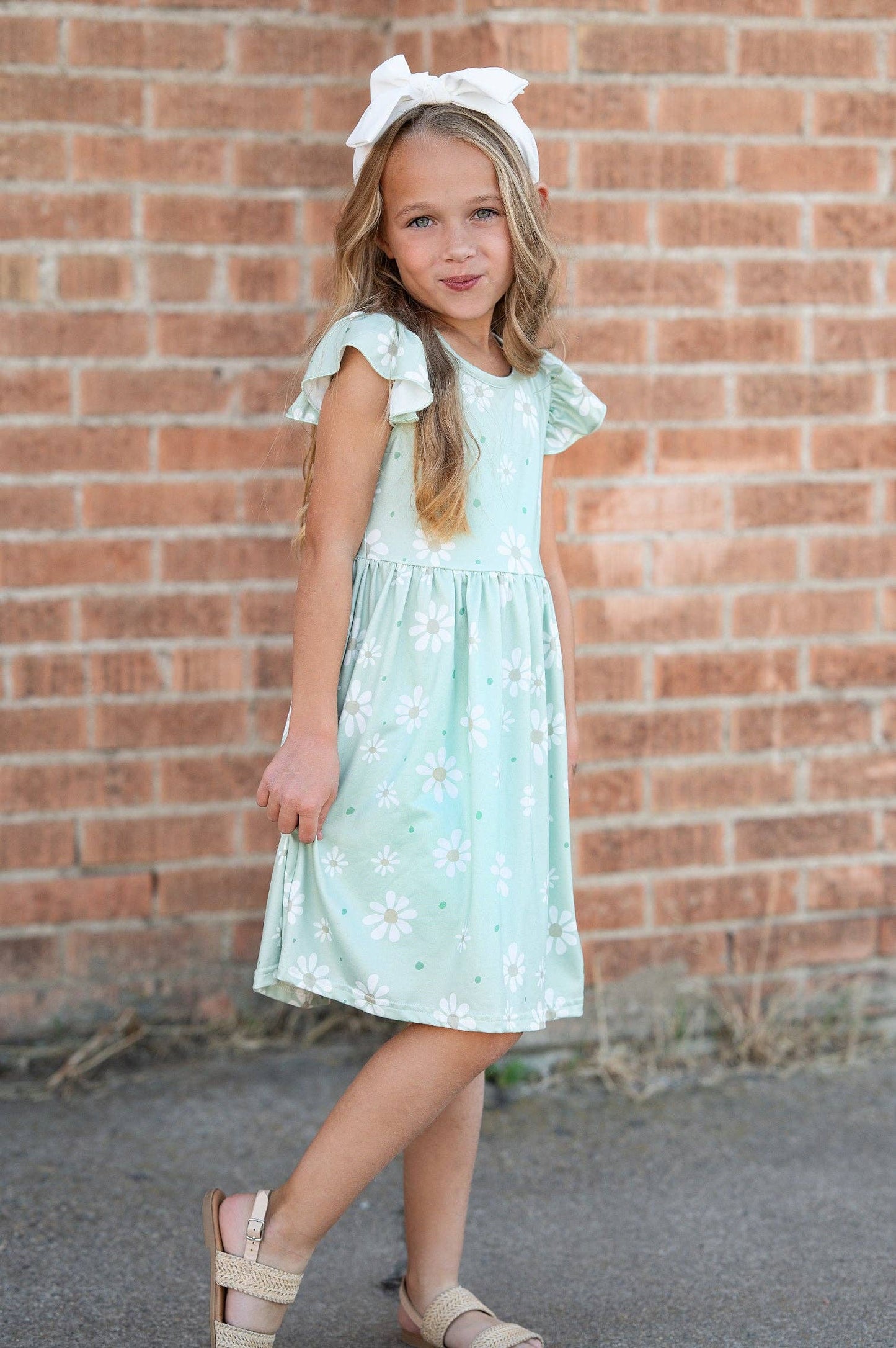 Girls Claire Sage Daisy Flutter Sleeve Dress