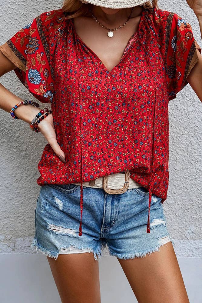 Floral Print V Neck Short Flare Sleeves Shirt