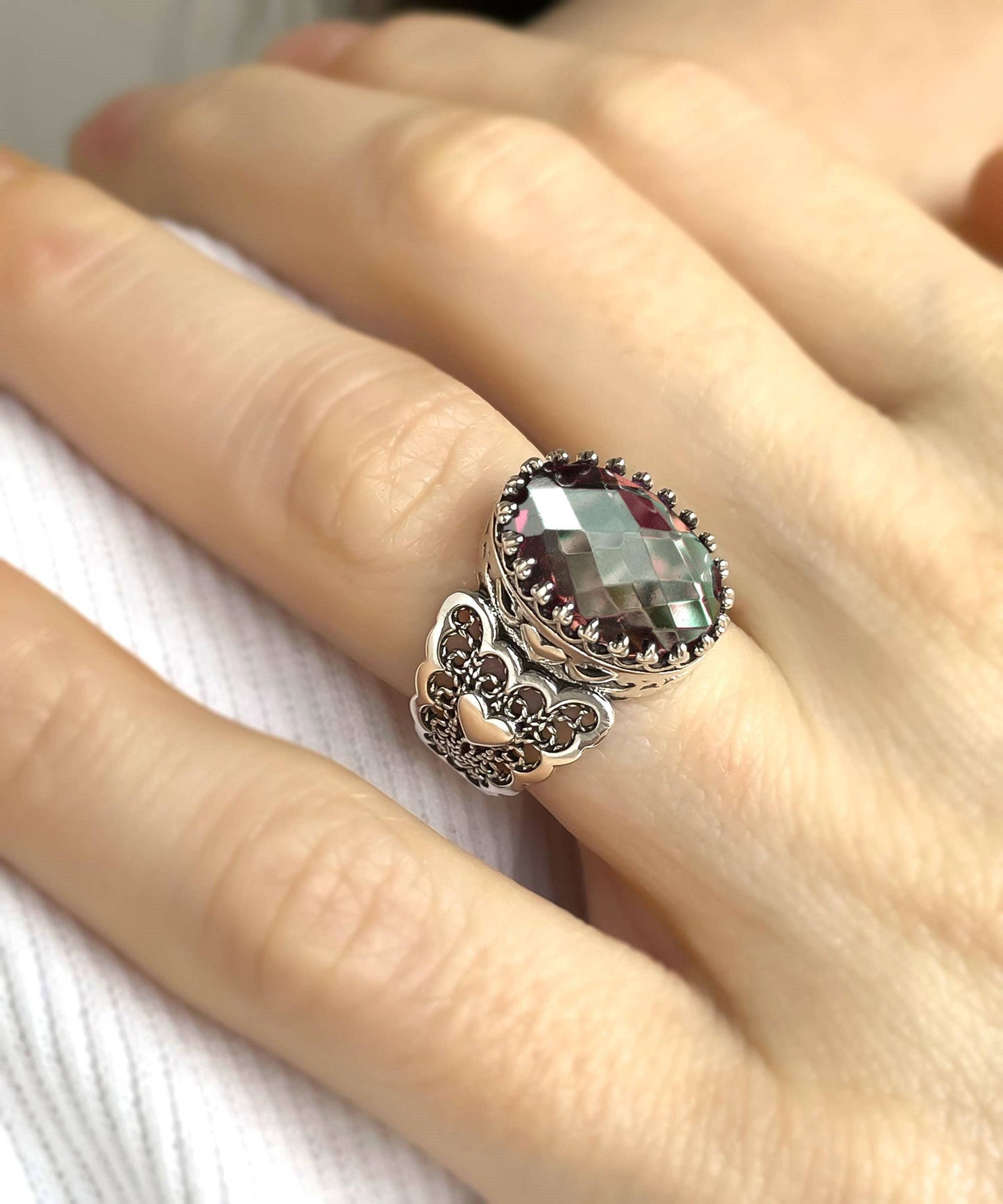 Filigree Art Double Heart Alexandrite Gemstone Silver Ring