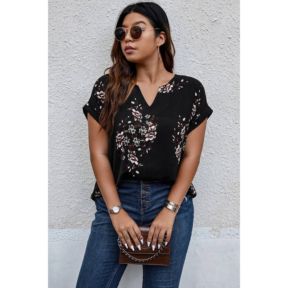 Plus Size Floral Print V Neck Loose Blouse