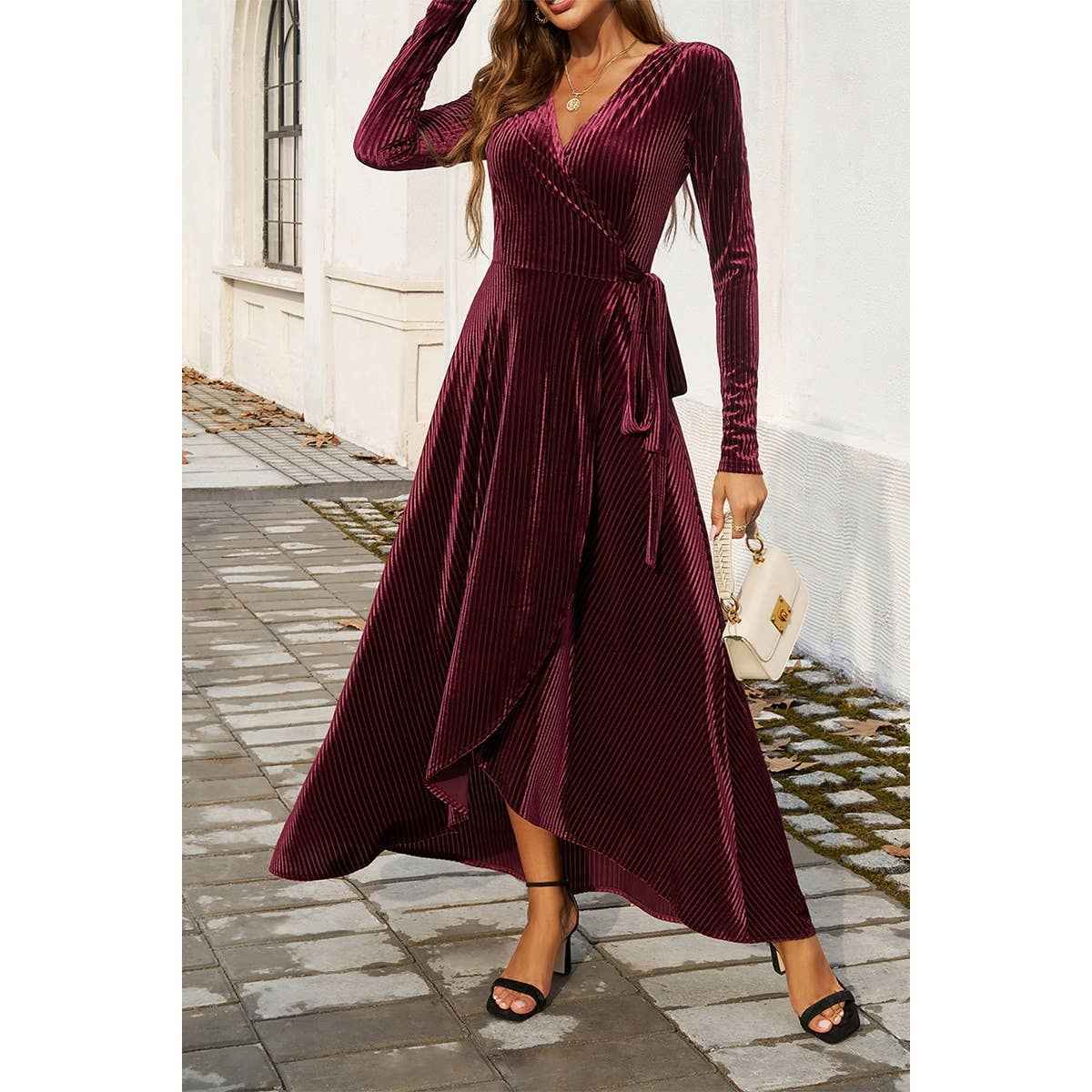 V Neck Velvet Maxi Dress WINE / L V Neck Velvet Maxi Dress WINE / L