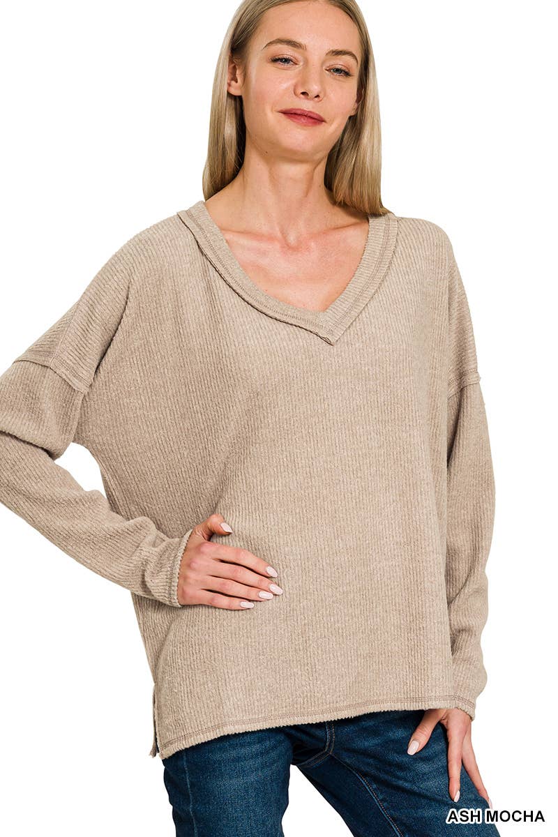 Ribbed V Neck Drop Shoulder Sweater - Threads Boutique