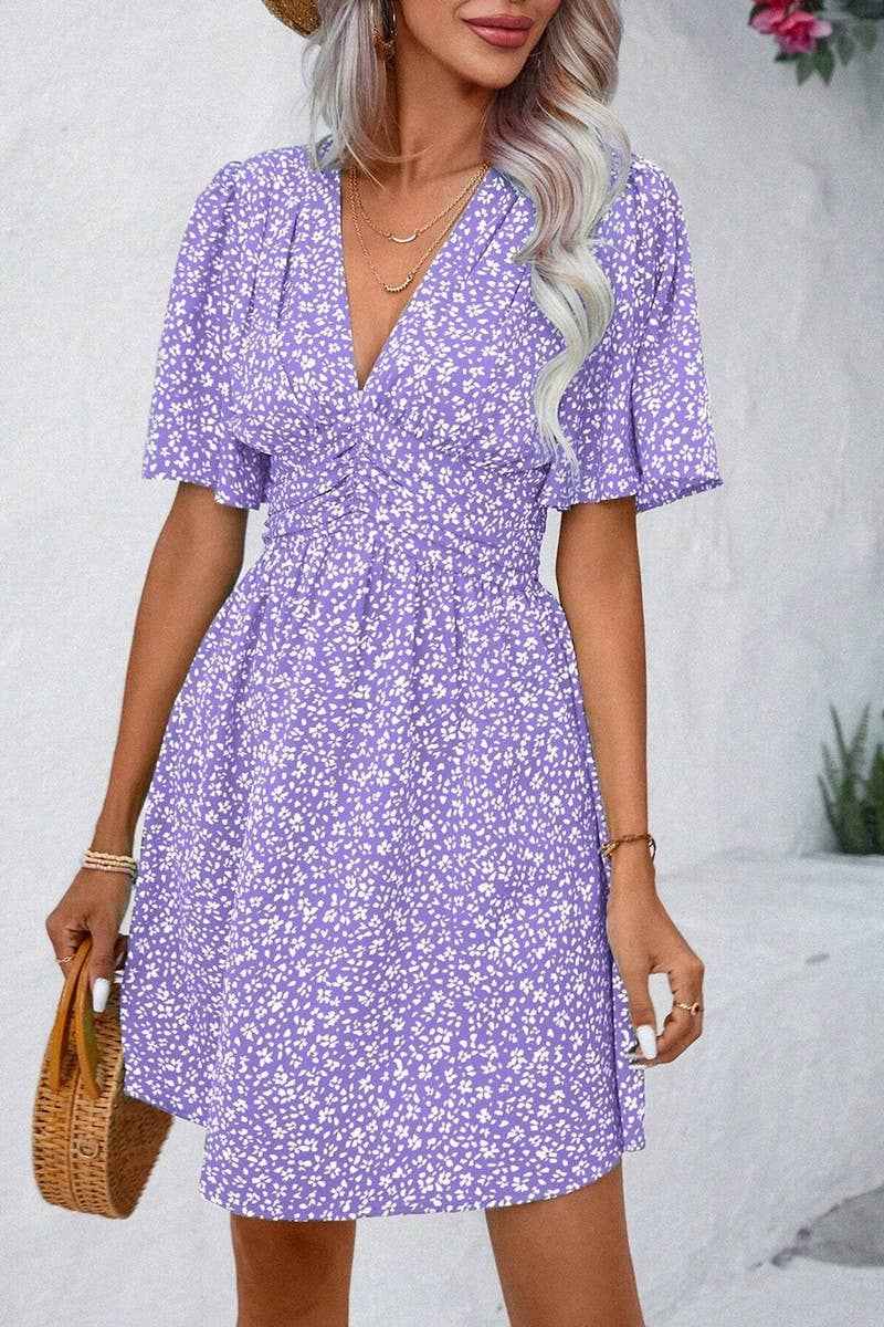 V-Neck Floral Pleated Dress