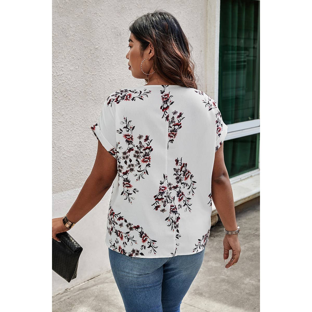 Plus Size Floral Print V Neck Loose Blouse