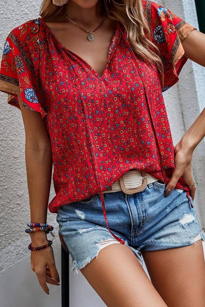 Floral Print V Neck Short Flare Sleeves Shirt