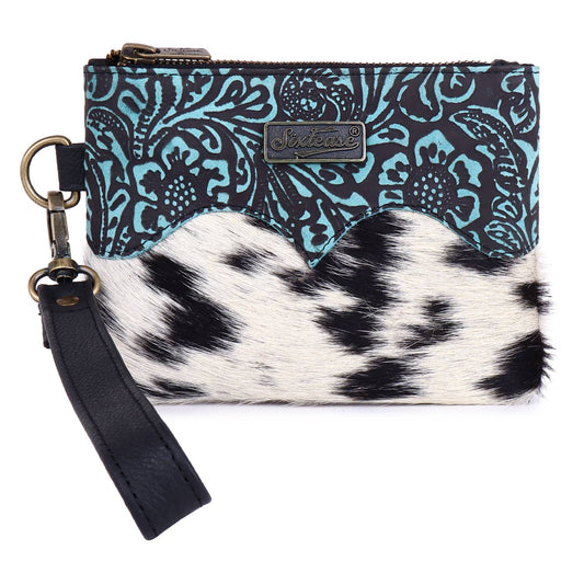 Leather Cowhide  Wristlet - Black Turquoise Floral