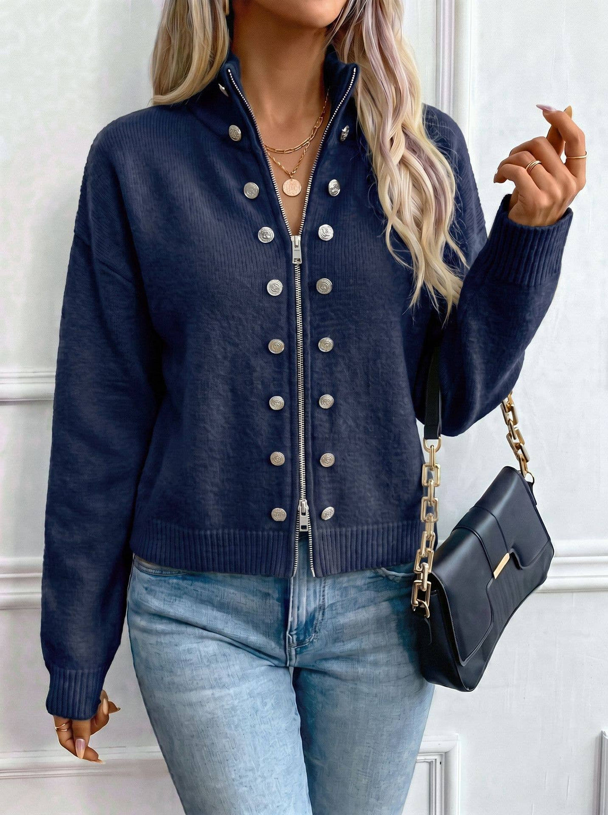 Double-Breasted Detail Zip-Up Cardigan Sweater