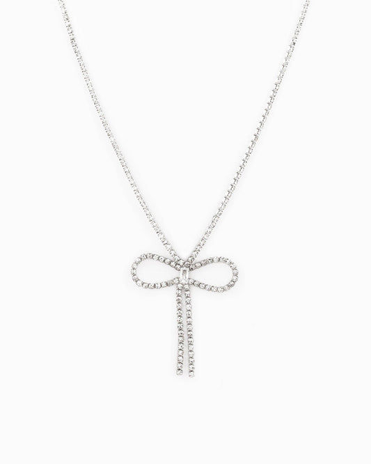 Rhinestone Chain Symmetrical Bow Necklace w/ Baguette CZ