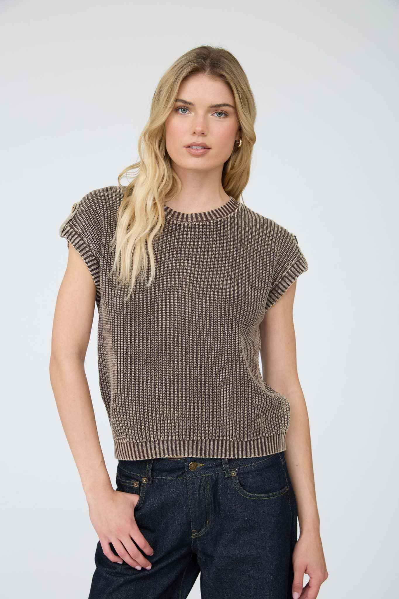 J.O.A - ACID WASHED TAB SLEEVE BACK BUTTON KNIT TOP