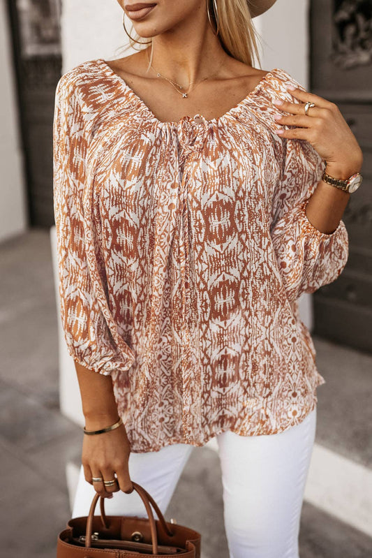 Boho 3/4 Sleeve Drawstring Blouse