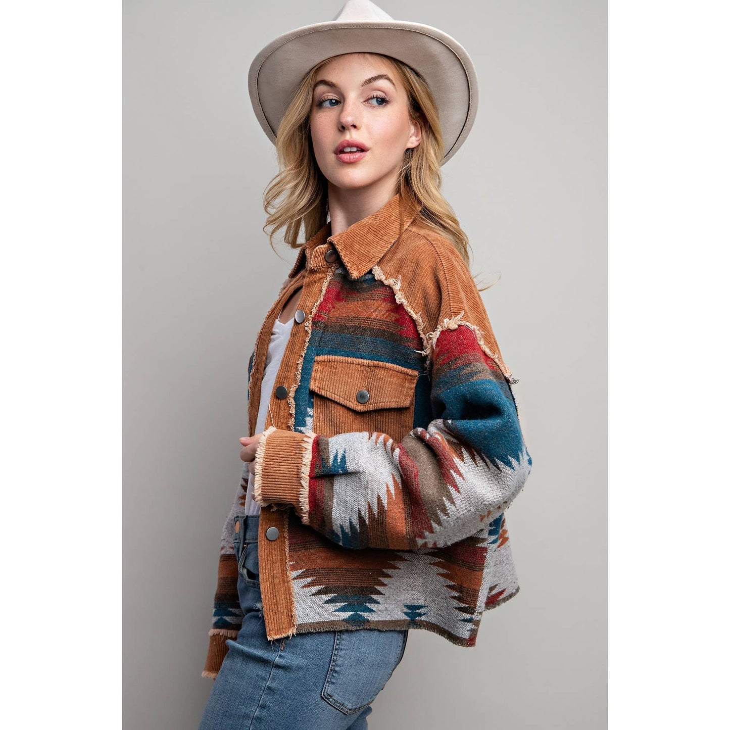 Tribal Pattern Colorblock Shacket