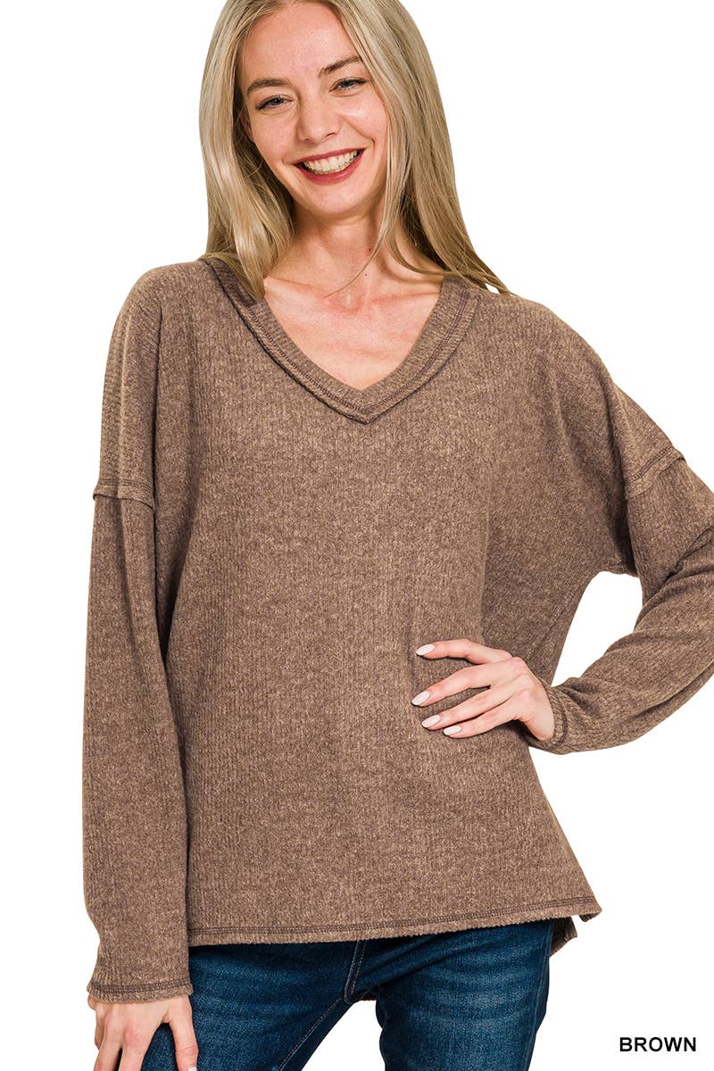 Ribbed V Neck Drop Shoulder Sweater - Threads Boutique