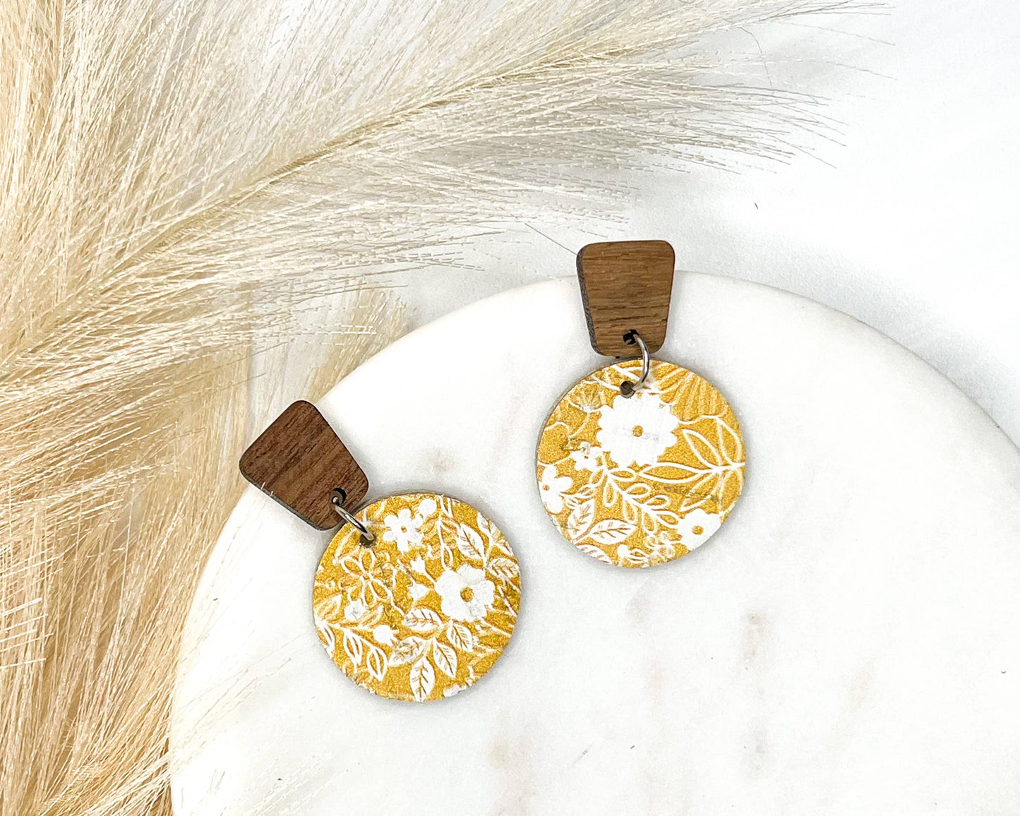 Yellow Floral Leather Circle Earrings