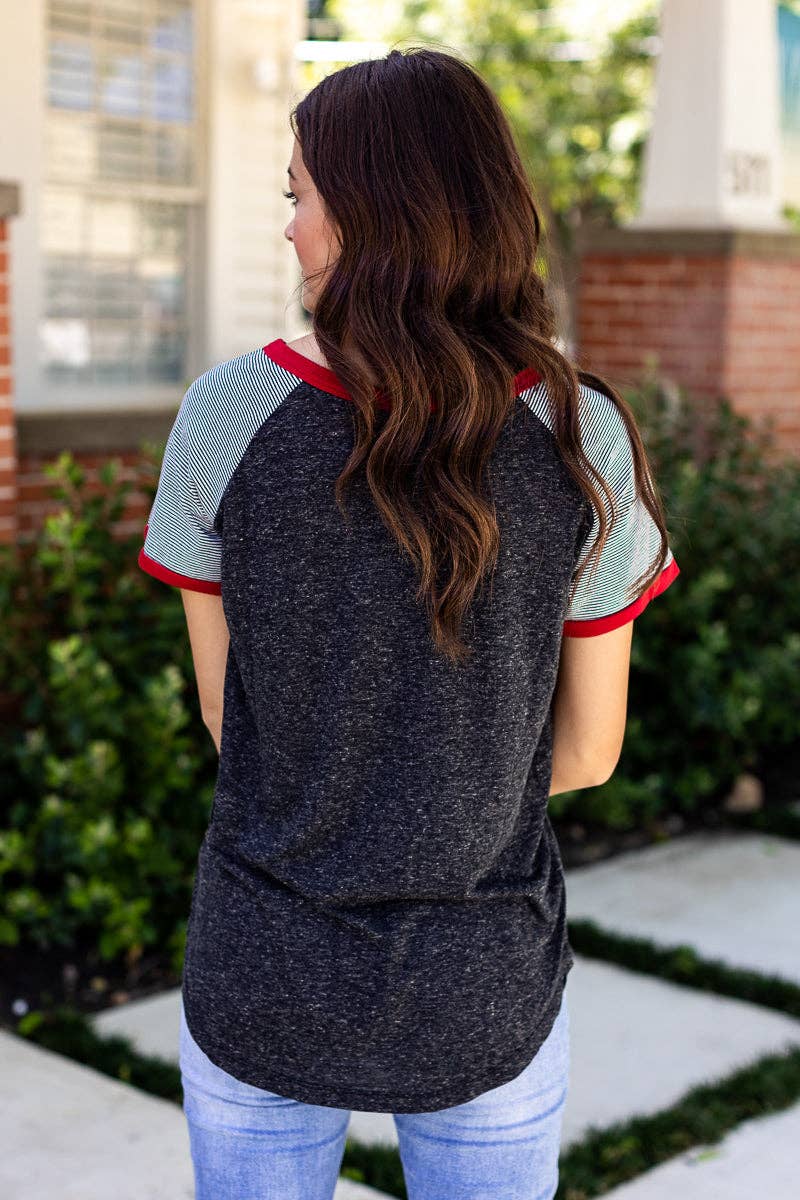 Charcoal Body with Grey & Black Striped Short Sleeve and Red Ringer