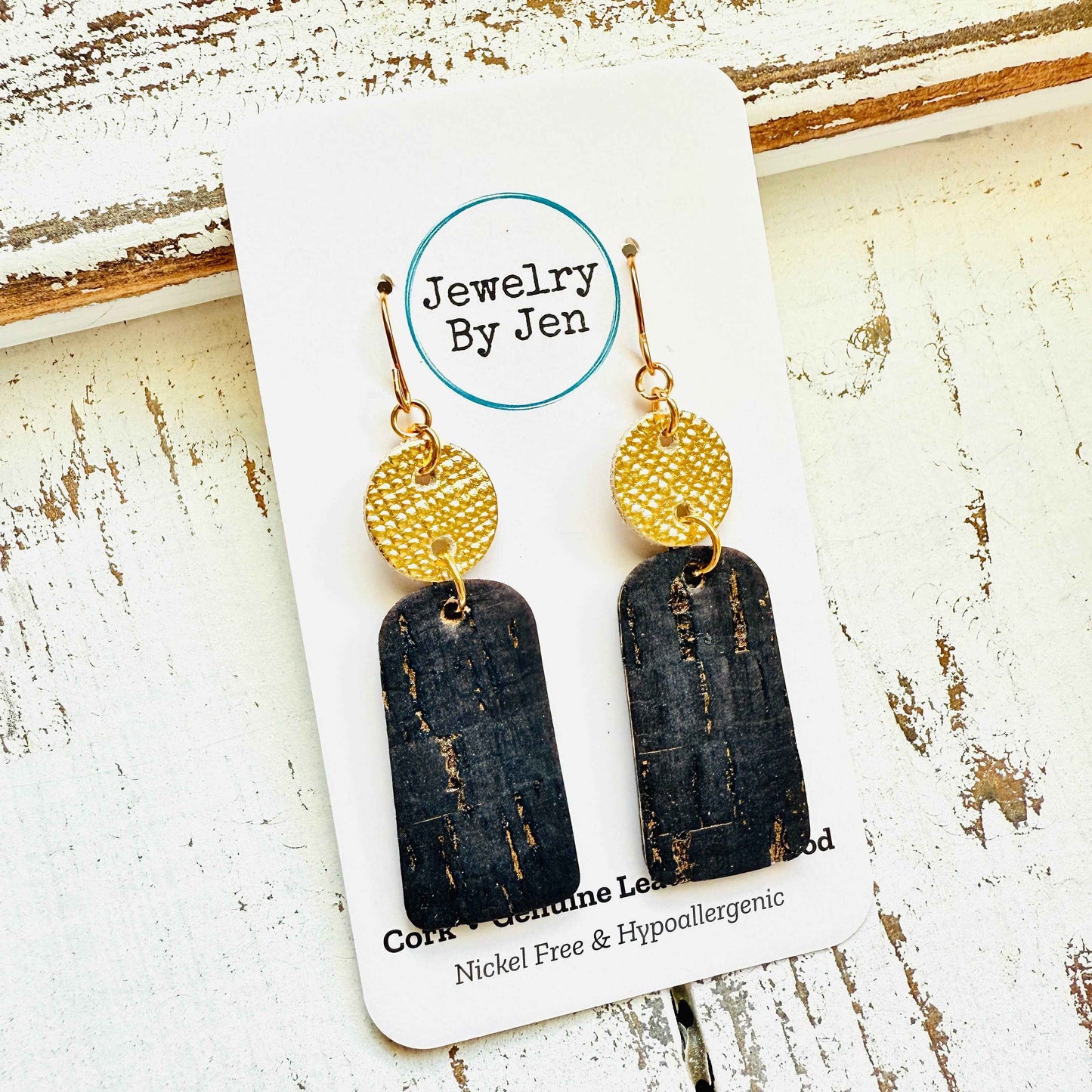 Jewelry By Jen - Small Bar Earrings: Black Cork w/Gold Accents
