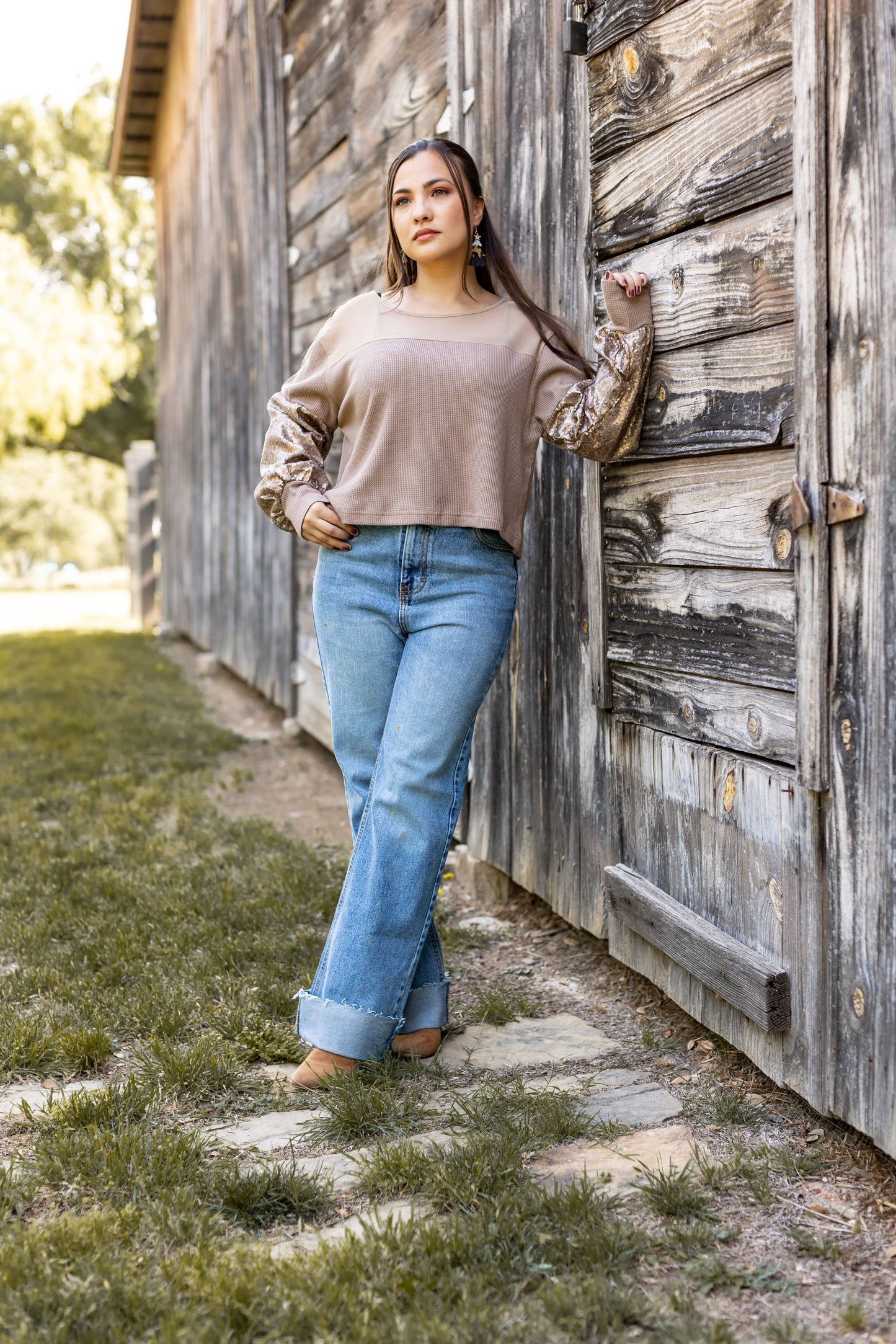 Waffle Knit Top with Mesh and Sequin Details