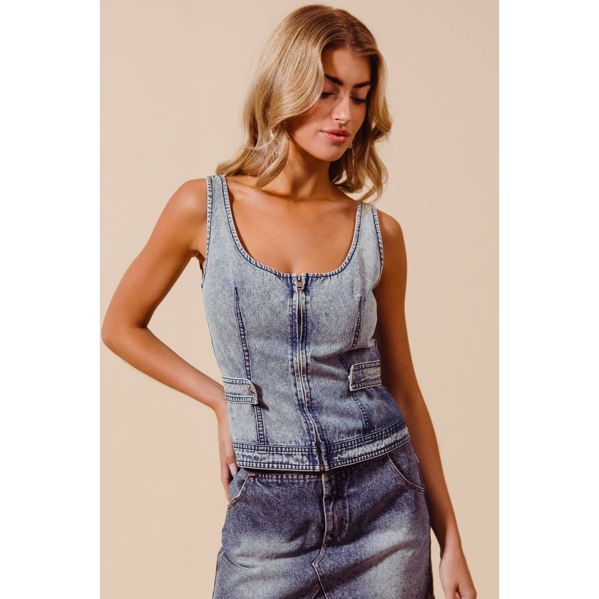Zip Up Denim Tank