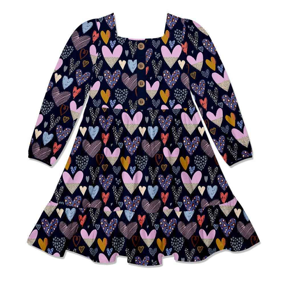 Millie Loves Lily - Girls Dark Navy Hearts Tiered A-Line Dress