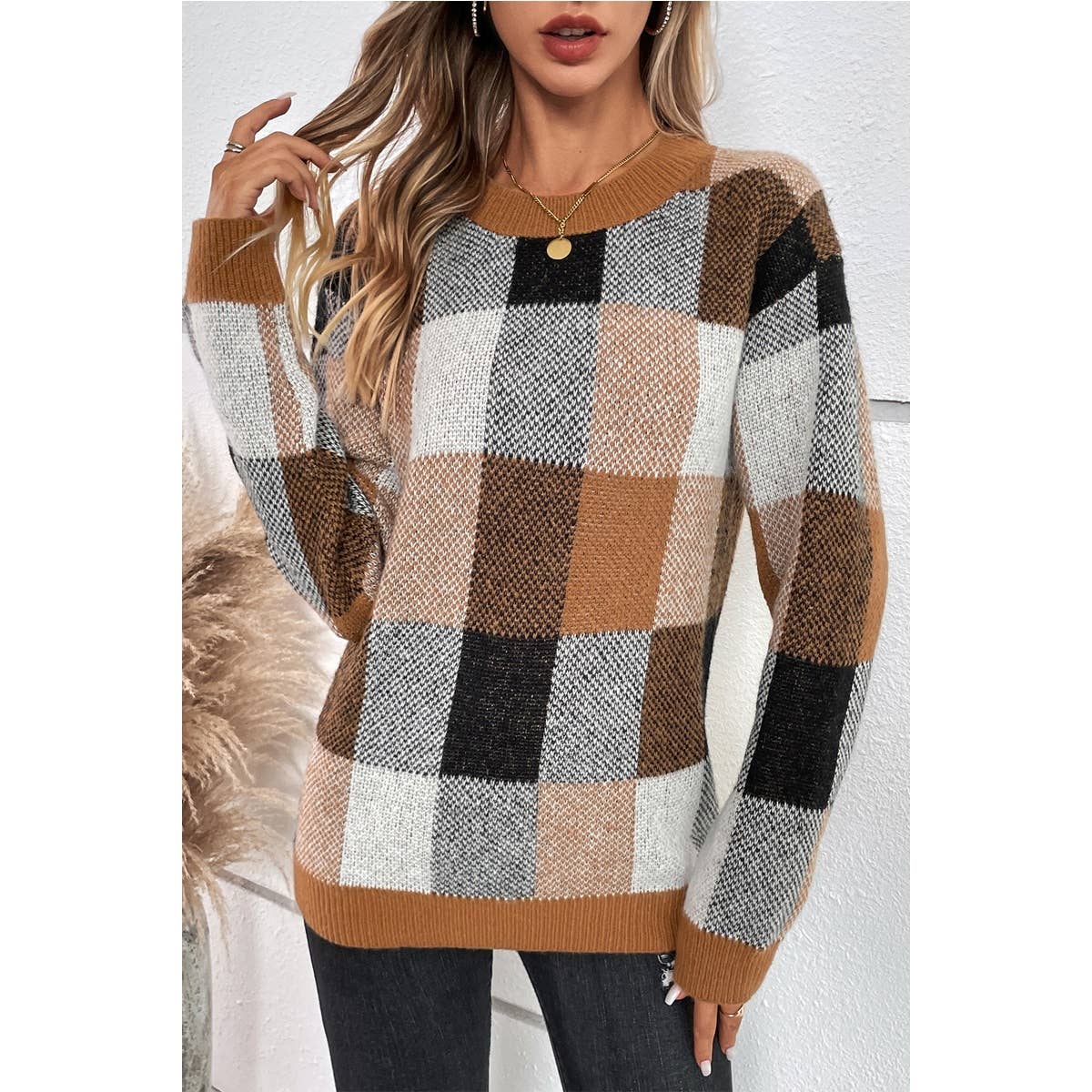 Cozy Plaid Knit Pullover