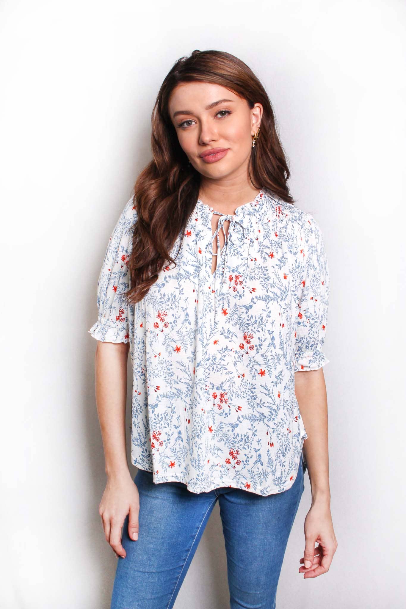 Ruffled Floral Smocked Blouse