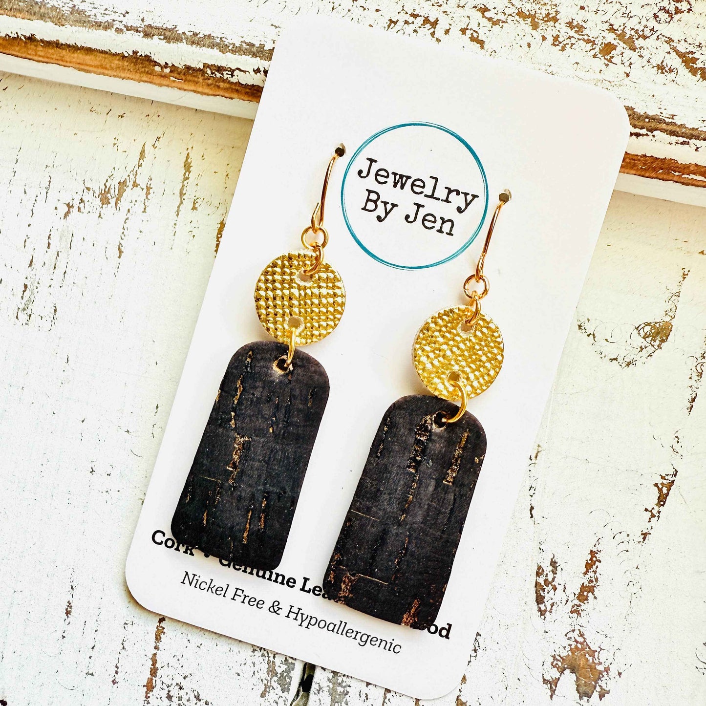 Jewelry By Jen - Small Bar Earrings: Black Cork w/Gold Accents
