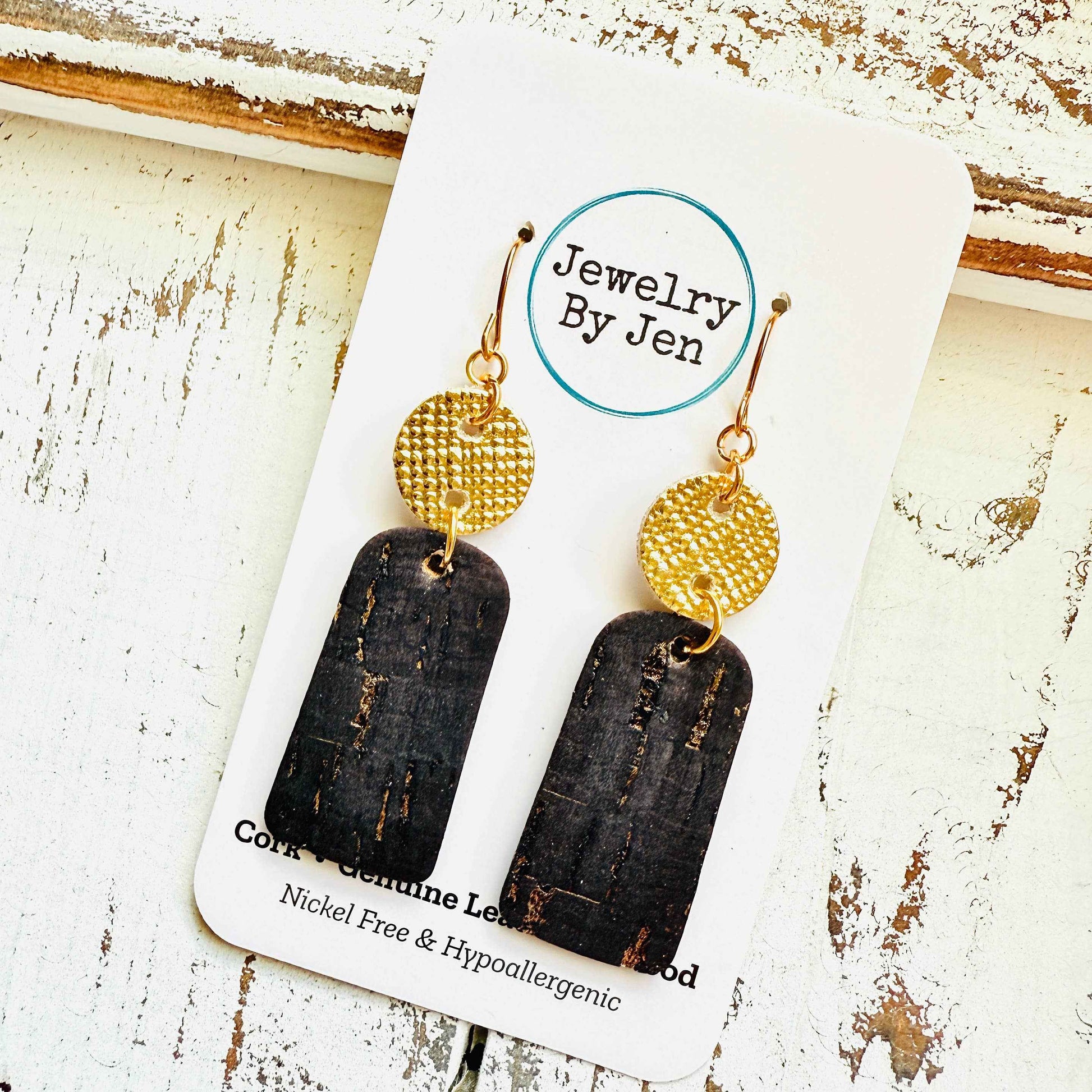 Jewelry By Jen - Small Bar Earrings: Black Cork w/Gold Accents