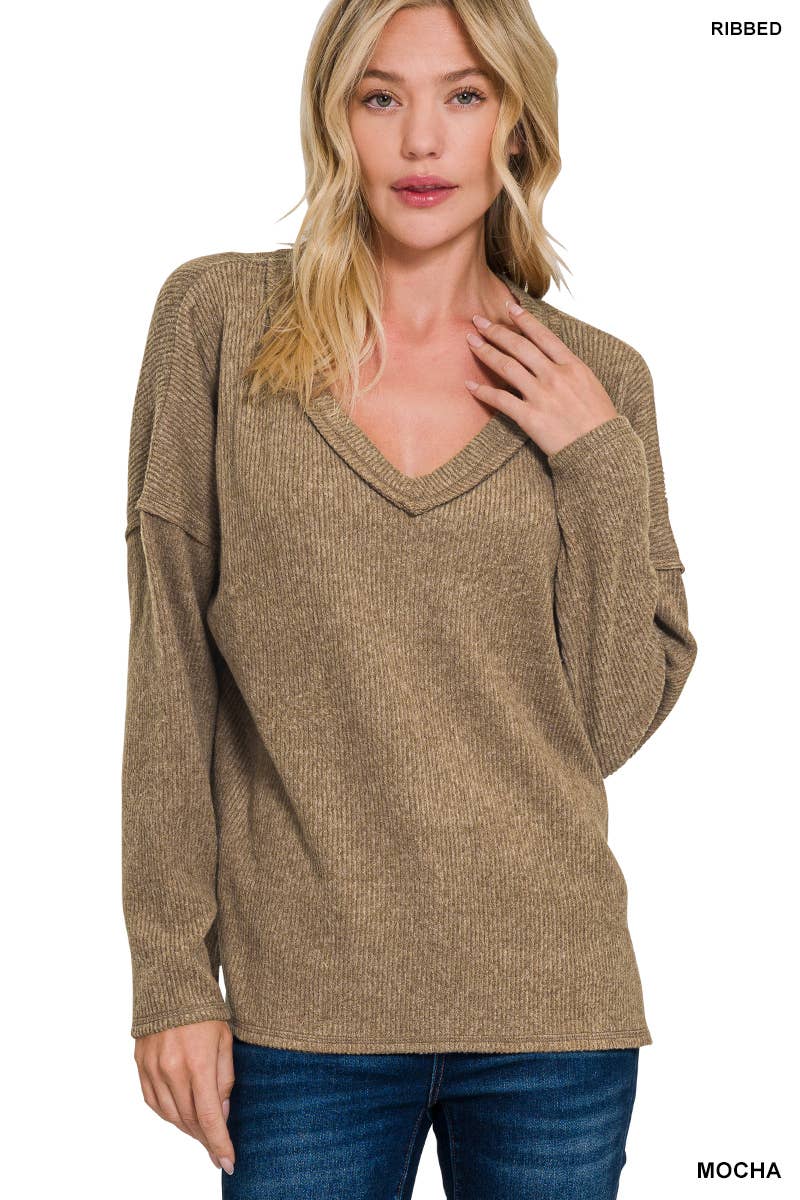 Ribbed V Neck Drop Shoulder Sweater - Threads Boutique