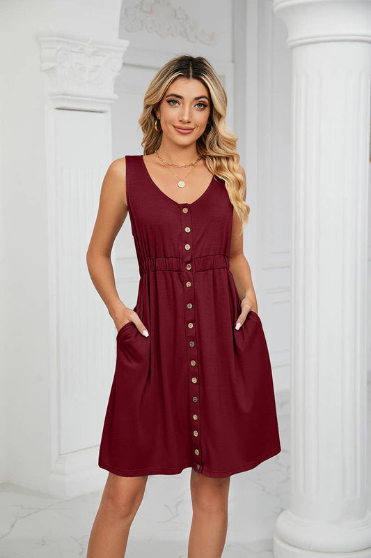 Sleeveless Button Pocket Dress