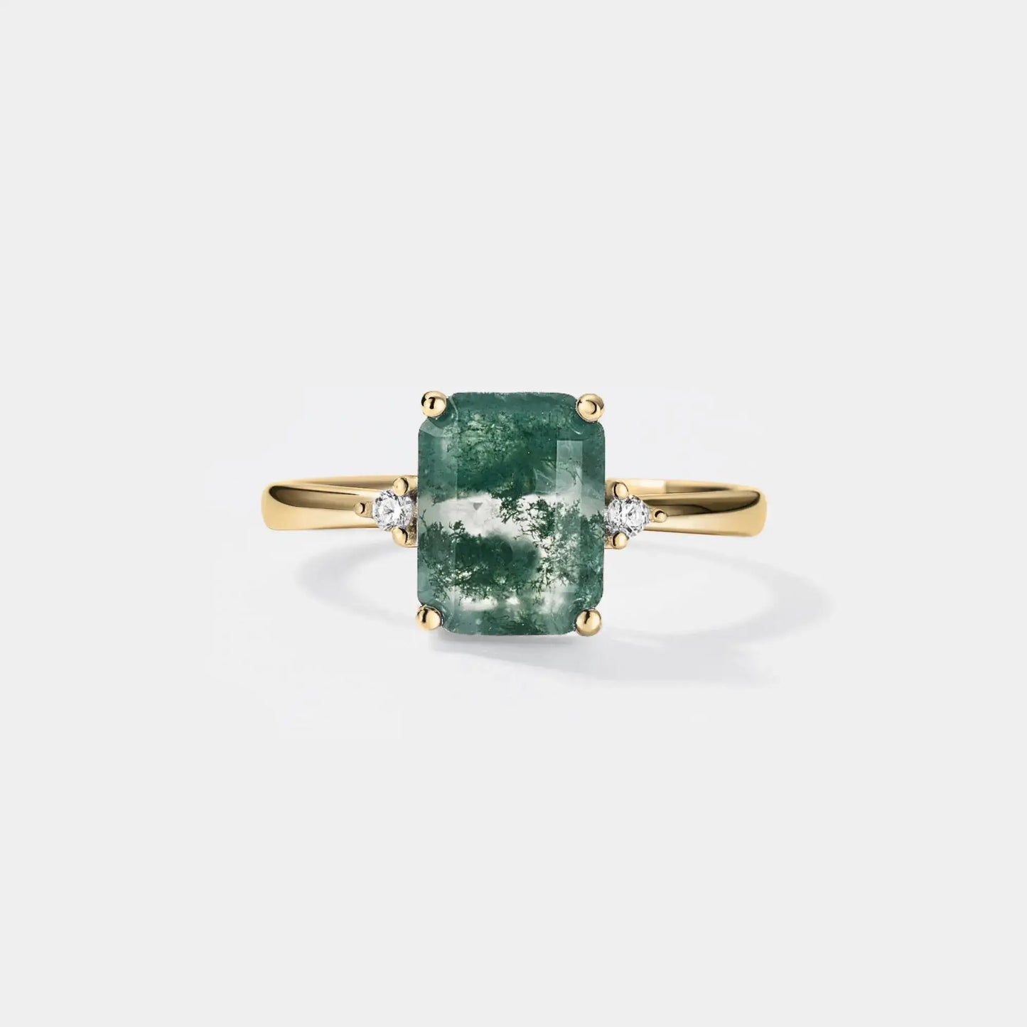 Emerald Cut Moss Agate Solitaire Ring in 925 Sterling Silver