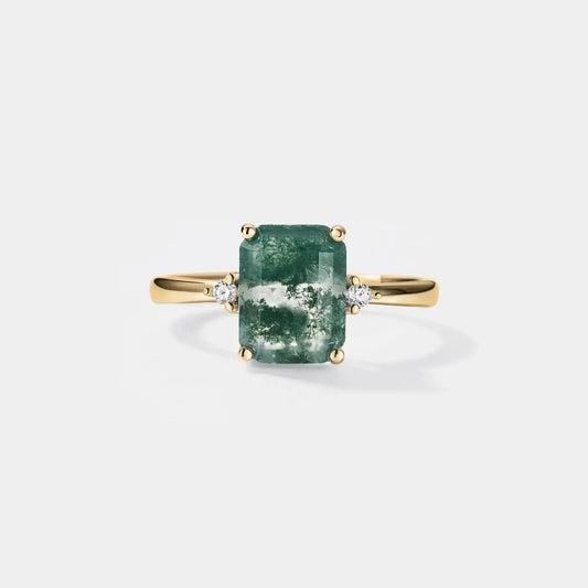 Emerald Cut Moss Agate Solitaire Ring in 925 Sterling Silver