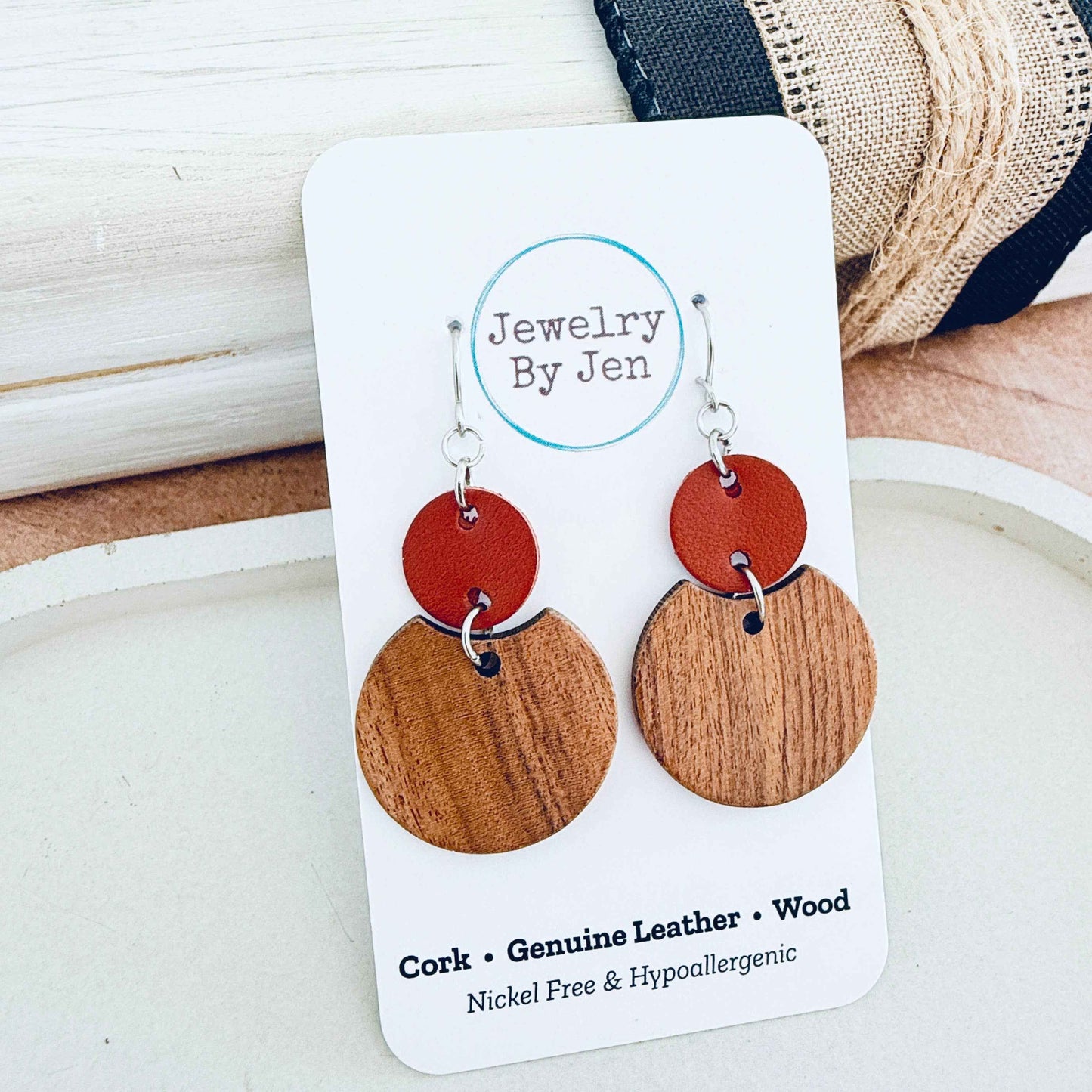 Jewelry By Jen - Round Wood & Rust Earrings