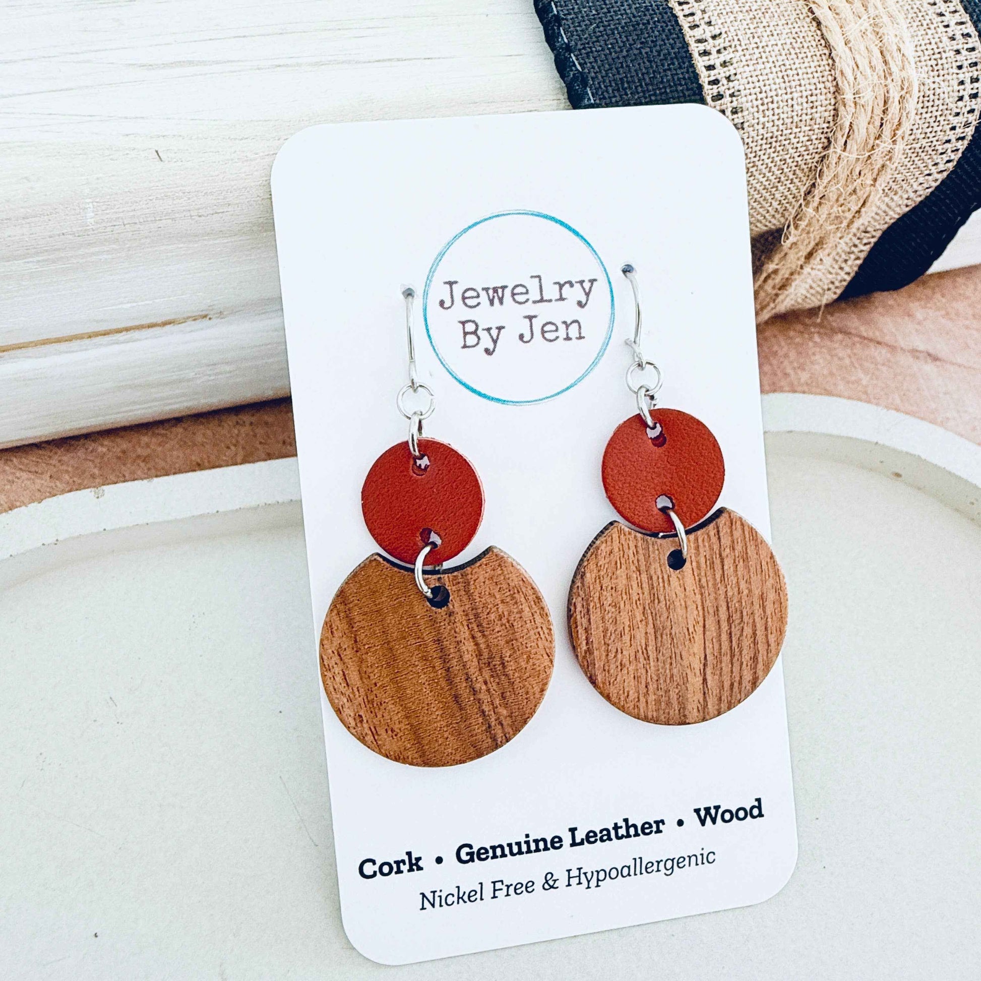 Jewelry By Jen - Round Wood & Rust Earrings