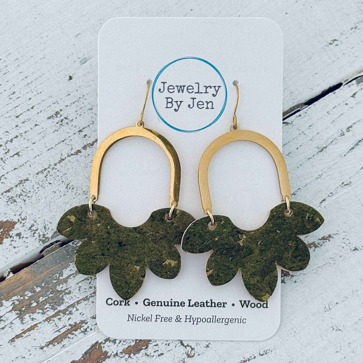 Jewelry By Jen - Split Flower Earrings: Olive Green Cork
