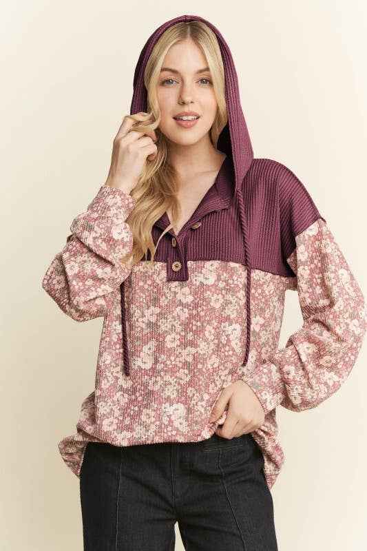 HEIMISH - ET7745-12 LONG SLEEVE FLORAL URBAN RIBBED HOODIE