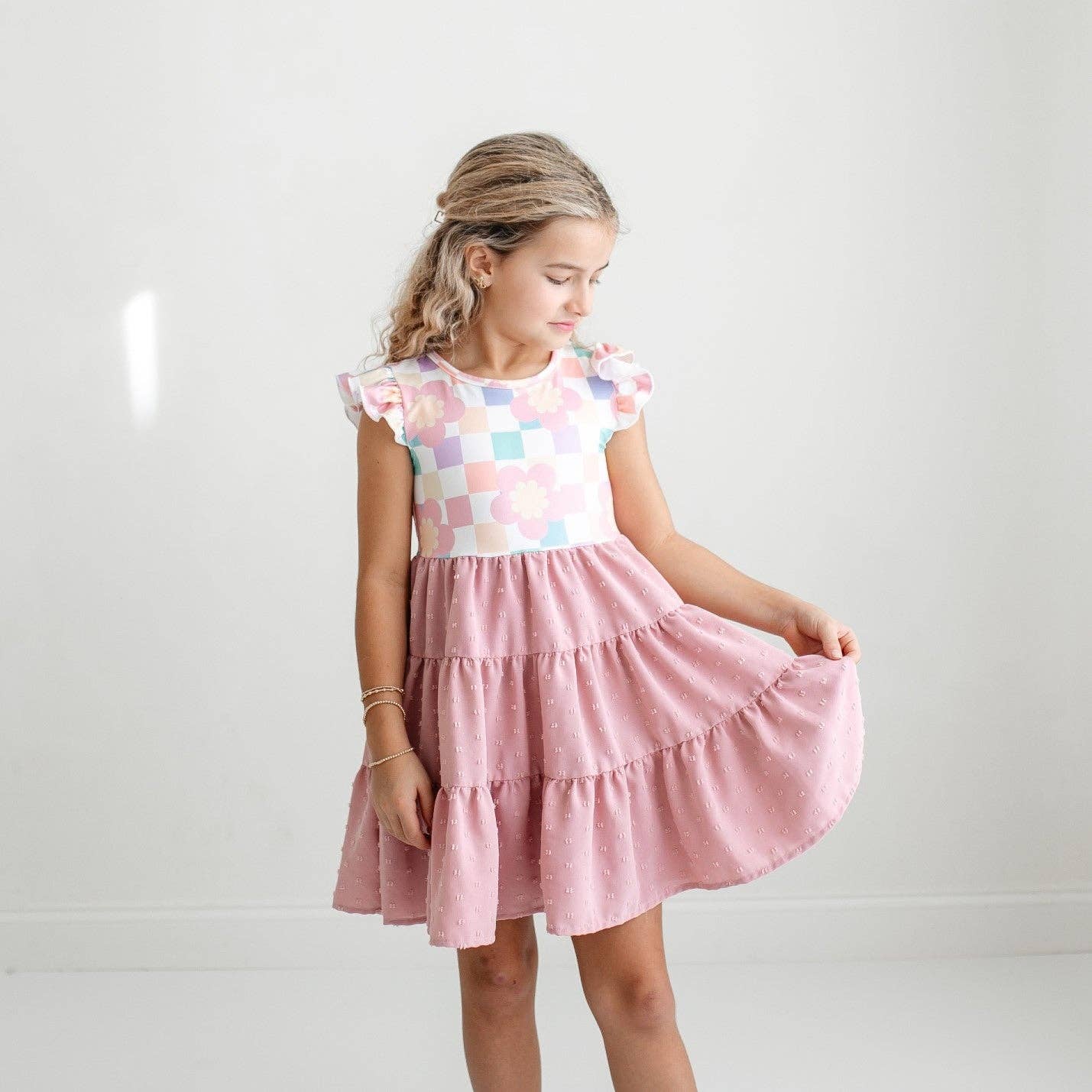 Girls Pink Check Swiss Dot Dress