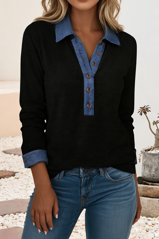 Knit & Denim Button Polo Collar Top