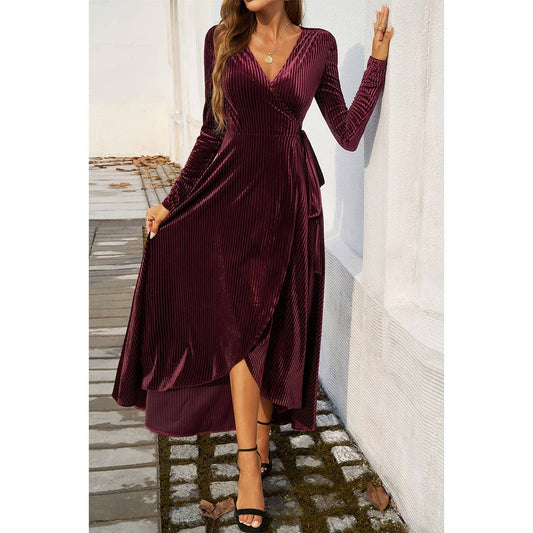 V Neck Velvet Midi Dress