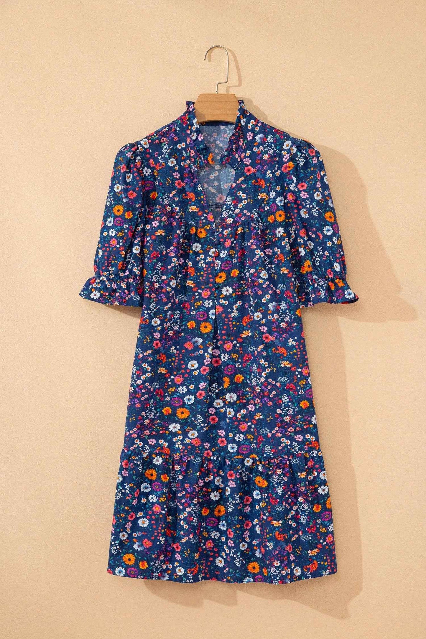 Floral Split Neck Puff Sleeve Mini Dress