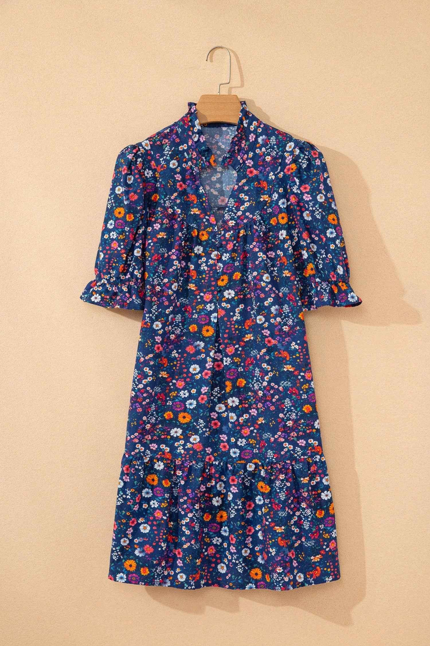 Floral Split Neck Puff Sleeve Mini Dress