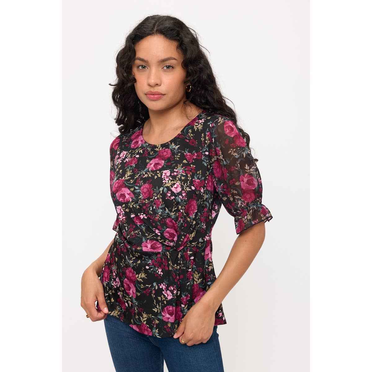 Perseption - FLORAL MIX MEDIA SCOOP NECK TWIST SIDE FASHION TEE