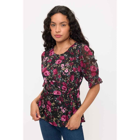 Perseption - FLORAL MIX MEDIA SCOOP NECK TWIST SIDE FASHION TEE