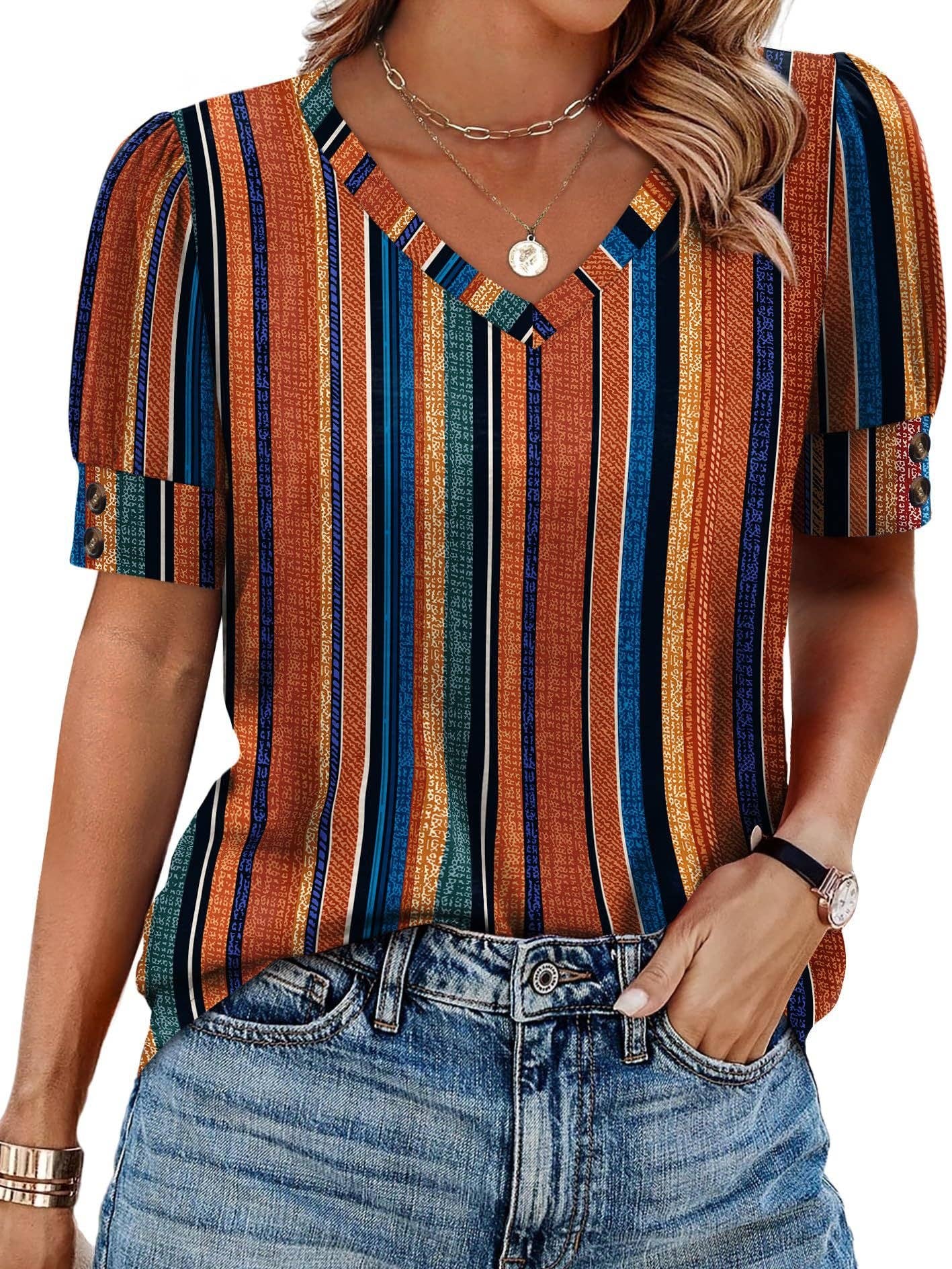 V Neck Puff Sleeve Button Detail Top