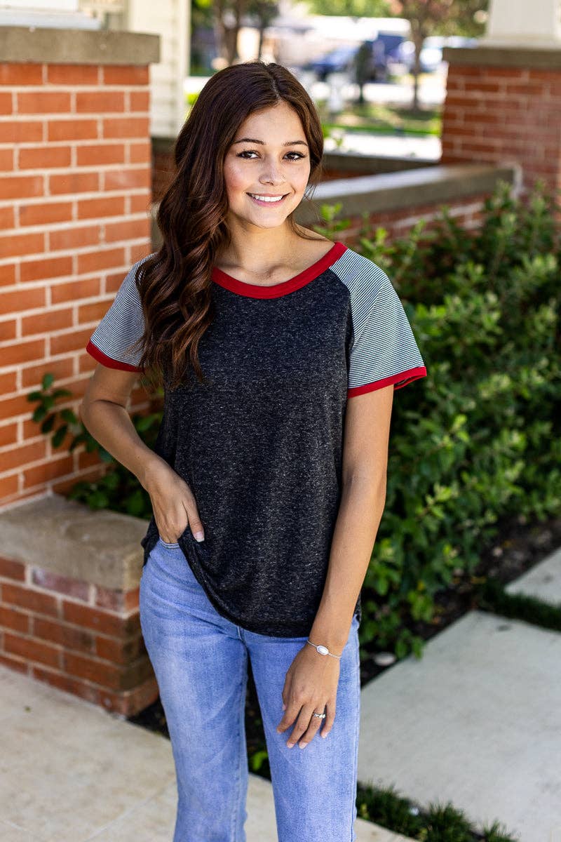 Charcoal Body with Grey & Black Striped Short Sleeve and Red Ringer