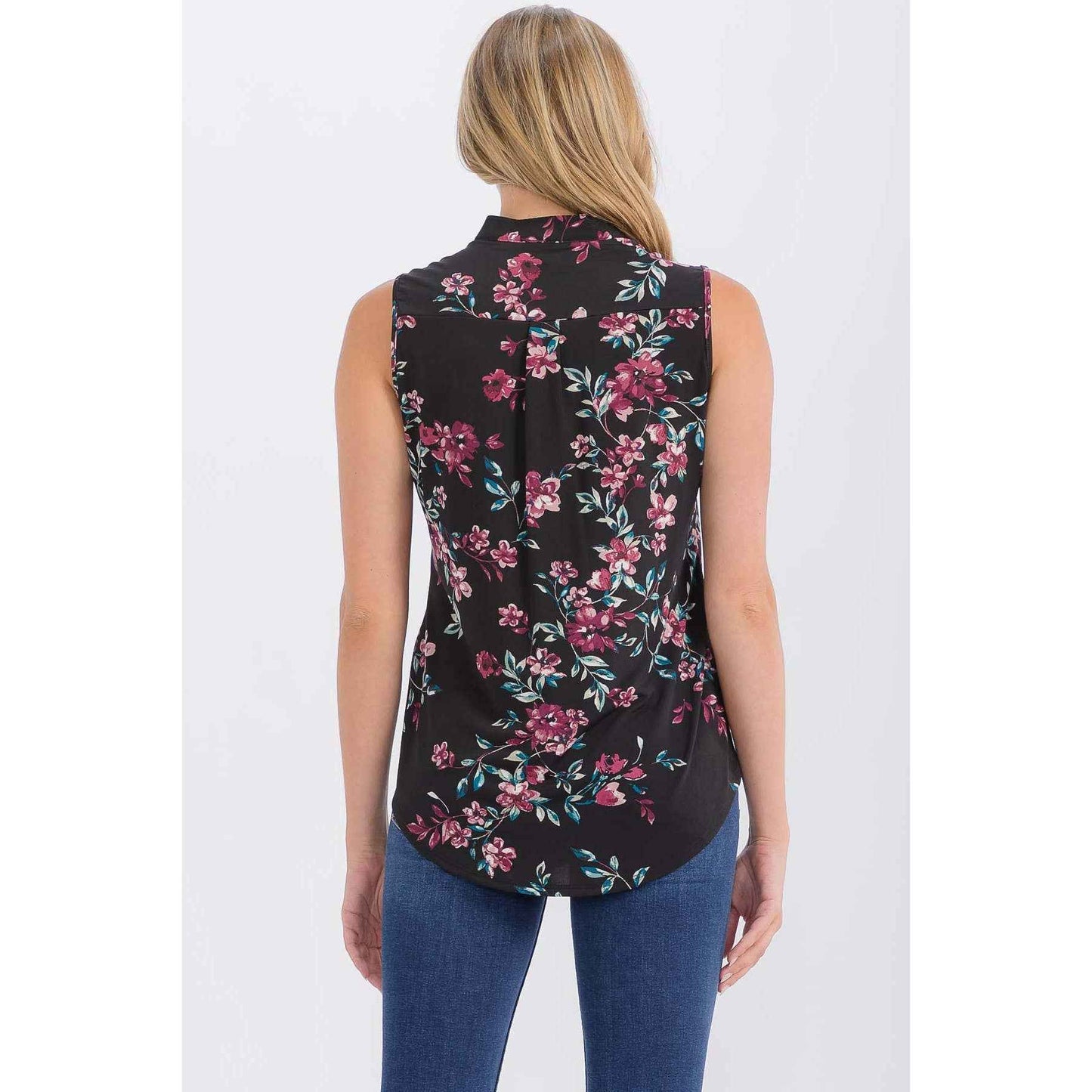 Perseption - FLORAL MANDARIN COLLAR V NECK SLEEVELESS SHIRT